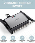 Alpha Living Electric Griddle Panini Press With Non Stick Coating, Stainless Steel 3 In 1 Sandwich Maker And Grill For Burgers And Veggies top view with power cord and 180° hinge.