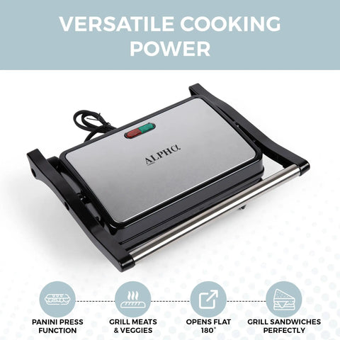 Alpha Living Electric Griddle Panini Press With Non Stick Coating, Stainless Steel 3 In 1 Sandwich Maker And Grill For Burgers And Veggies top view with power cord and 180° hinge.