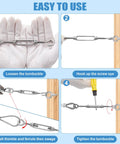 Steps to use 16 Piece Beefy Stainless Steel Turnbuckle Hook And Eye Kit M6 M5 M4 with gloves, cable tension setup.