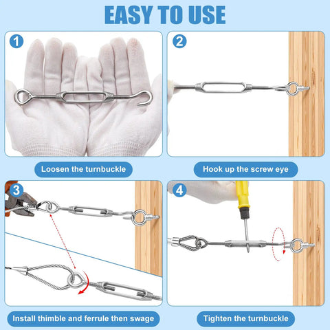 Steps to use 16 Piece Beefy Stainless Steel Turnbuckle Hook And Eye Kit M6 M5 M4 with gloves, cable tension setup.