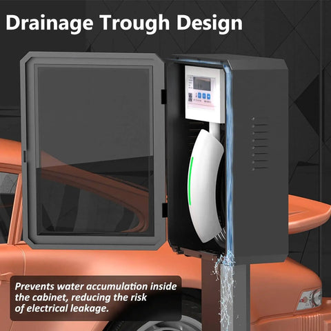 Lockable EV Charger Wall Mount Case Premium Heavy Duty Steel Outdoor Shield With Combo Key Lock and Slick Bottom Cable Routing For Solid Daily Driver Vehicles with drainage trough design.