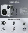 Product details and package contents of RGBWW LED Video Light With 72Wh Battery And 100W PD Fast Charging, 80W Mini RGB COB