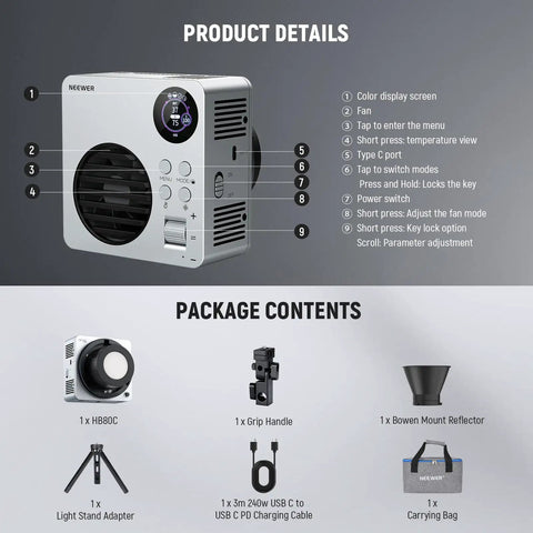 Product details and package contents of RGBWW LED Video Light With 72Wh Battery And 100W PD Fast Charging, 80W Mini RGB COB