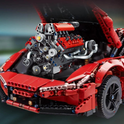 V8 Engine Model Kit With 8 Cylinder Visible Engine, LED Lights, Motor, And App Control in red car model hood