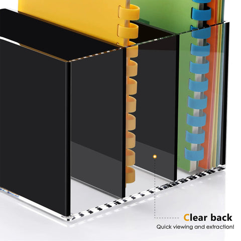 Close-up of clear acrylic desk organizer with 3 vertical compartments for files, magazines, and folders; black finish
