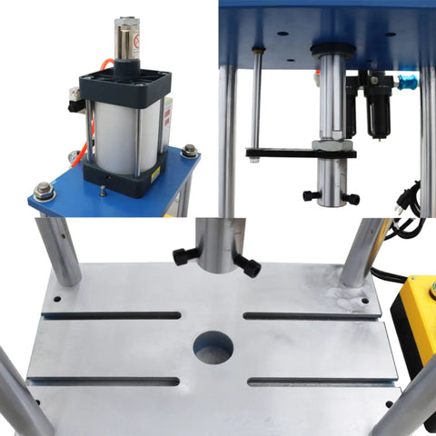 Heavy Duty Pneumatic Punch Press Machine Featuring An Adjustable Cylinder Stroke And Rock Solid Four Post Construction that shows the adjustable cylinder and sturdy base.