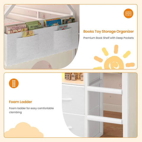 Twin Size Loft Bed With LED Lights And 8 PU Fabric Storage Drawers showcasing book storage organizer and foam ladder detail