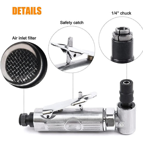 High Octane Right Angle Air Die Grinder With 20000 RPM Speed Built In Regulator And Tungsten Steel Motor showing air inlet filter and 1/4" chuck.