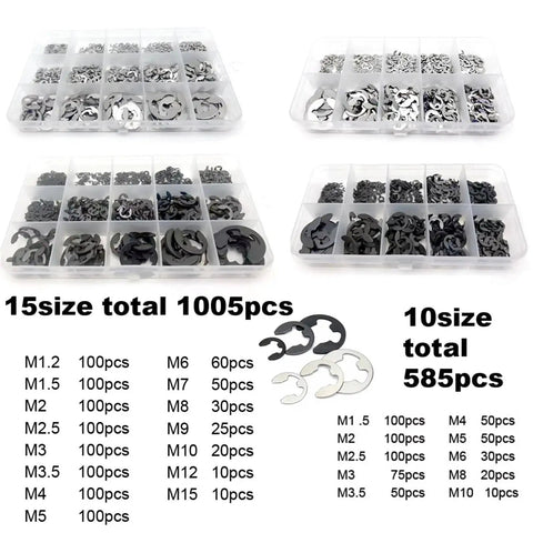 585 And 1005 Piece M1.2 To M15 External Retaining Ring Kit Black 65Mn And 304 Stainless Steel Snap Circlips E Clips Washers