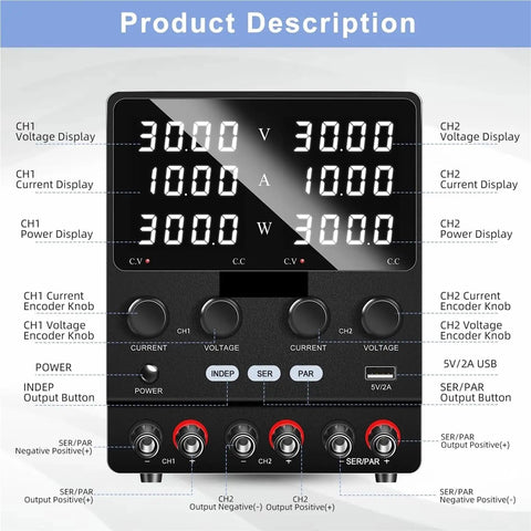 Dual Channel Lab Grade Variable DC Power Supply With Independent Output Channels And Series Parallel Toggle front panel view