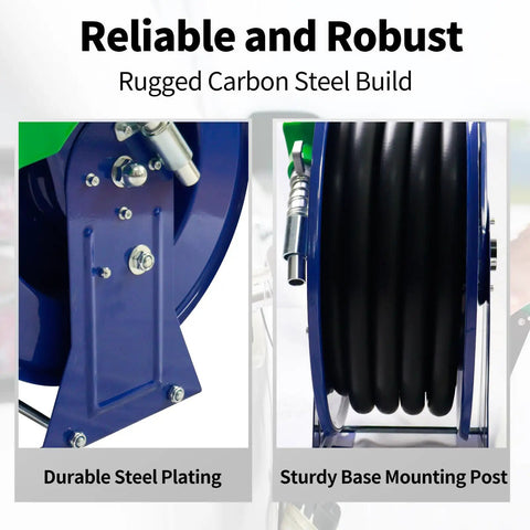 Auto Rewind Fuel Hose Reel Three Quarters Inch By Thirty-Three Feet With Diesel Nozzle And Swivel, Steel Frame Detail View