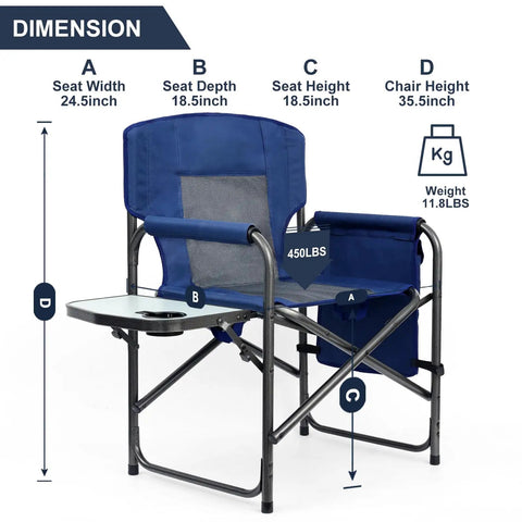 Heavy Duty Directors Chair With Side Table For Outdoors Built Tough Camping Chair For Adults 450 Pound Capacity 24.5 Inch Wide Seat