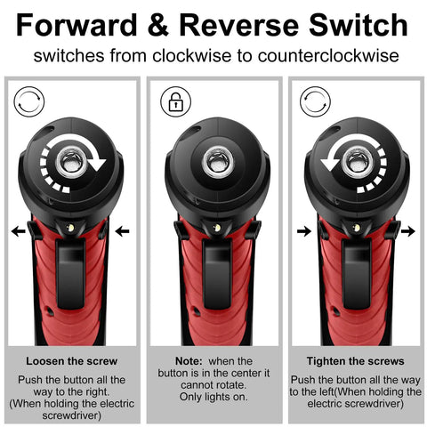 Forward and reverse switch for Killer 3.6V Cordless Electric Screwdriver Kit with mini drill bits, showing direction change.
