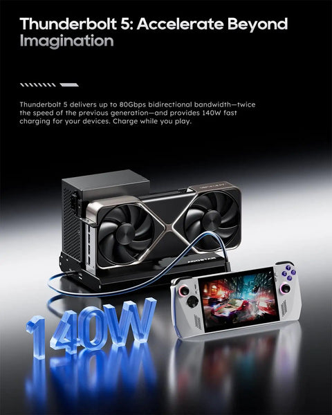 Rig Ready External Gpu Docking Station Equipped With Dual Thunderbolt 5 And OcuLink Pcie 4.0 X4 Ports, showing GPU and gaming device with 140W charging.
