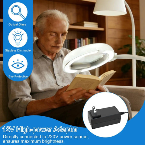 Man reading a book with Eight Times Magnification Floor Magnifying Glass With Light And Stand, 56 LEDs Gooseneck Floor Lamp.
