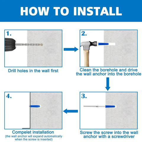 Installation guide for All In One Masonry Wall Anchors And Screws Kit With 3 Pc Drill Bit, 228 Pieces for concrete and brick walls.