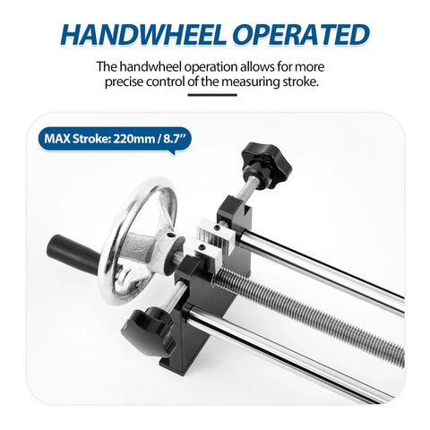 Manual Force Test Stand With Horizontal Spiral Stroke 220mm And 500N Capacity Handwheel Controlled Dialed In Spiral Mechanism For Precise Tension And Pull Testing Compact 9Lb Steel Frame With Preinstalled Fixed Clamp Includes HJJ001 APW Clamp, 220mm stroke, steel frame