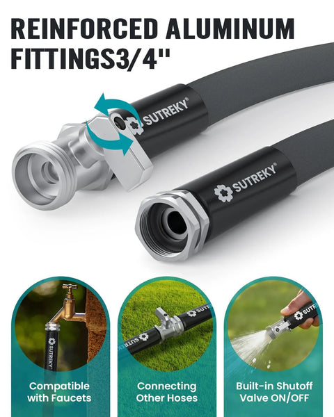 Garden hose 50ft with reinforced aluminum fittings, black and gray hose, SUTREKY brand, built-in shutoff valve.