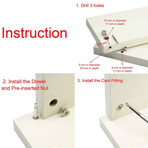 Instruction for 30 Pack Furniture Cam Lock Fitting With Dowel Pin And Pre Inserted Nut For Cabinet Drawer Connector setup.