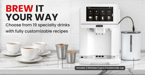 No Hassle Super Automatic Espresso Maker With Built In Grinder And Creamy Milk Frother, 19 Killer Drink Options Like Lattes And Cappuccinos on kitchen counter.