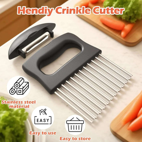 Hendiy Crinkle Cutter with gray handle and stainless steel blades for waffle fries.