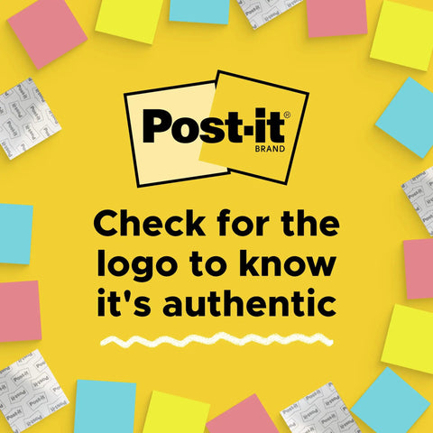 Colorful sticky notes around Post-it logo, emphasizing authentic Canary Yellow Sticky Notes 3x3 Inch Set, 18 Pads With 100 Sheets Each.