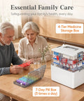 Hella Spacious Four Tier Medicine Cabinet Organizer Stands Extra Tall For Knockout Bottle Storage And Keeps Pills Neatly Organized In Any Bathroom Setup With Multi Level Shelving, displayed on a table with pill box.