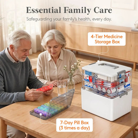 Hella Spacious Four Tier Medicine Cabinet Organizer Stands Extra Tall For Knockout Bottle Storage And Keeps Pills Neatly Organized In Any Bathroom Setup With Multi Level Shelving, displayed on a table with pill box.
