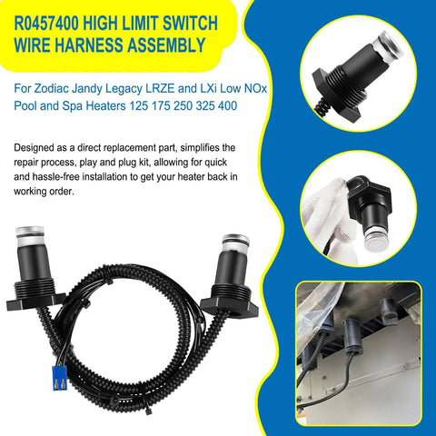 R0457400 High Limit Switch Harness Replacement Kit For Zodiac Jandy Legacy LRZE LRZM And Jandy LXi Low NOx Heaters 125 175 250 325 400 Compatible DIY Pool Spa Upgrade showing wiring and installation