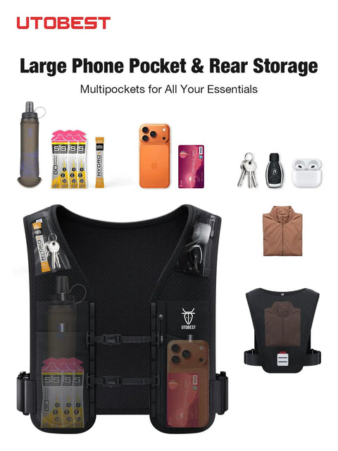 No Bounce Hydration Vest Pack For Men And Women With 500ml Soft Flask, 6 Secure Pockets, Phone Pocket Fits iPhone Pro Max, Water Resistant