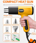 Yellow 1600W Heat Gun With Dual Temp Settings and Quick Heat for Delicate Crafts shown with 4 nozzles and dimensions
