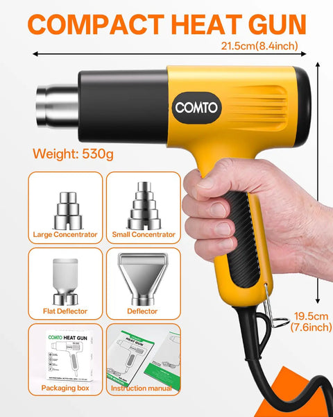 Yellow 1600W Heat Gun With Dual Temp Settings and Quick Heat for Delicate Crafts shown with 4 nozzles and dimensions