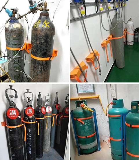 Wall Mounted Cylinder Rack In Durable ABS Plastic With Adjustable Safety Chain, holding multiple gas tanks in industrial setting.