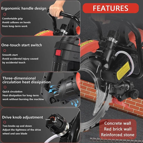 Heavy Duty 12000W Concrete Ring Saw With Two Diamond Blades for deep wall cutting features ergonomic handle and start switch.