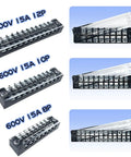 Heavy Duty Dual Row Bus Bar Terminal Block Kit With Pre Insulated Covers For Straight Up Clean Ground Circuit Wiring 600V 15A Power Distribution Strip 6 Set Pack, showing 12P, 10P, and 8P configurations.