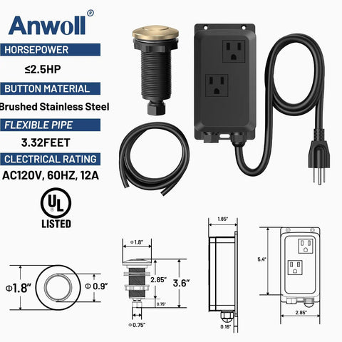 Dual Outlet Garbage Disposal Air Switch Kit Sink Top On Off Button UL Listed Champagne Bronze 3.6 Inch Long Easy Install