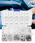 Durable Stainless Steel E Clip Assortment Kit 120 Pcs External Retaining Rings Set With Storage Box Includes 1.5 2.5 3 4 5 6 7 8 9 10 Mm Sizes For Shaft Fasteners Oil Resistant And Heat Treated, displayed open with sizes visible, workers in background.