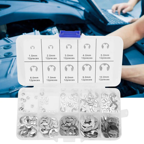 Durable Stainless Steel E Clip Assortment Kit 120 Pcs External Retaining Rings Set With Storage Box Includes 1.5 2.5 3 4 5 6 7 8 9 10 Mm Sizes For Shaft Fasteners Oil Resistant And Heat Treated, displayed open with sizes visible, workers in background.