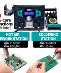 Pro Grade 2 In 1 Soldering Iron Station With Hot Air Rework And Sleep Mode, Digital Temperature Calibration, shown in use with PCB.