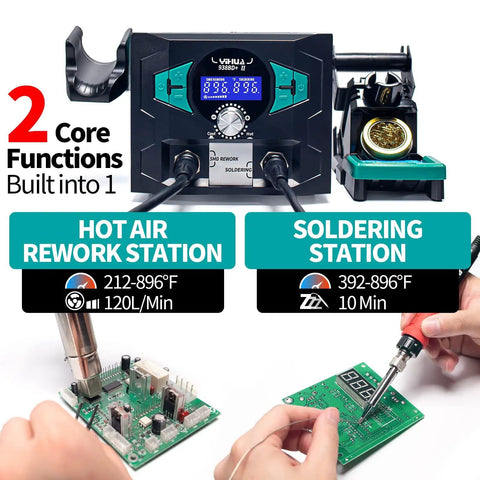 Pro Grade 2 In 1 Soldering Iron Station With Hot Air Rework And Sleep Mode, Digital Temperature Calibration, shown in use with PCB.
