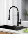 Dead Simple Install Bulletproof Build Slick Black Finish Single Handle Pull Down Kitchen Faucet Lead Free Stainless Steel Ceramic Cartridge Top Tier Sink Fixture in modern kitchen with black sink and fresh ingredients.