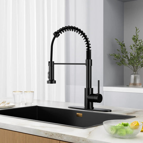 Dead Simple Install Bulletproof Build Slick Black Finish Single Handle Pull Down Kitchen Faucet Lead Free Stainless Steel Ceramic Cartridge Top Tier Sink Fixture in modern kitchen with black sink and fresh ingredients.