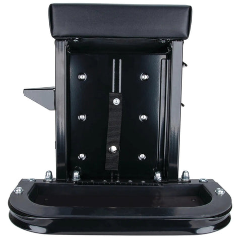 Heavy Duty 3 Drawer Rolling Tool Chest Seat With Magnetic Side Trays Black Vinyl Padded Seat Roller Bearing Slides Two Folding Tool Trays 350 Lbs Capacity For Pros And DIYers, side view showing black frame and magnetic tray holder.