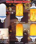 Diagram showing Upgraded LED Flame Light Bulbs With E26 Base 4 Modes Flickering Lit Fire Realistic Yellow Flame For Halloween Decor 6 Pack