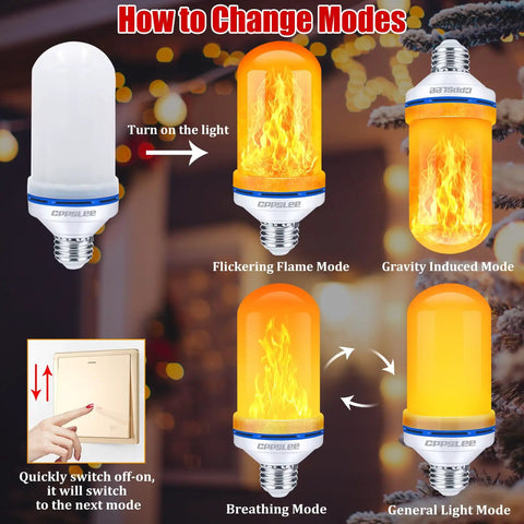 Diagram showing Upgraded LED Flame Light Bulbs With E26 Base 4 Modes Flickering Lit Fire Realistic Yellow Flame For Halloween Decor 6 Pack