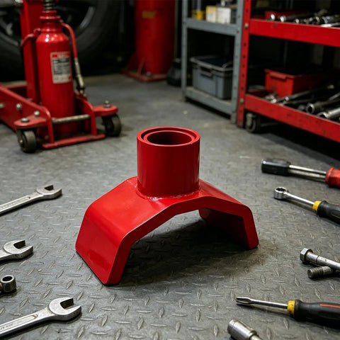 Red Beefy Bottle Jack Adapter Lifting Saddle for 2 to 4 Inch Axle Tubes in garage setting