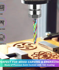 Front view of CNC router bit: extra-long 5-inch upcut spiral, 1/2-inch shank, TAC-coated solid carbide for wood carving.
