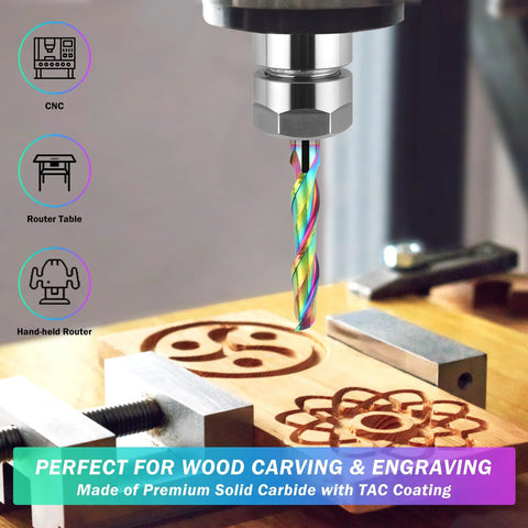 Front view of CNC router bit: extra-long 5-inch upcut spiral, 1/2-inch shank, TAC-coated solid carbide for wood carving.