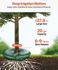 Tree Watering Bag Set Slow Release 4 Pack 20 Gallons illustrated on tree with root hydration highlighting measurements and duration.