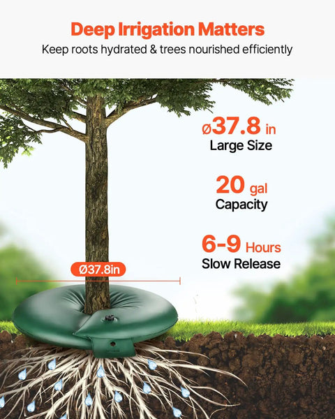 Tree Watering Bag Set Slow Release 4 Pack 20 Gallons illustrated on tree with root hydration highlighting measurements and duration.